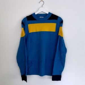 Vintage 1980's Blue Yellow Knit Sweater Large Cozy Sweater VTG Kid Core